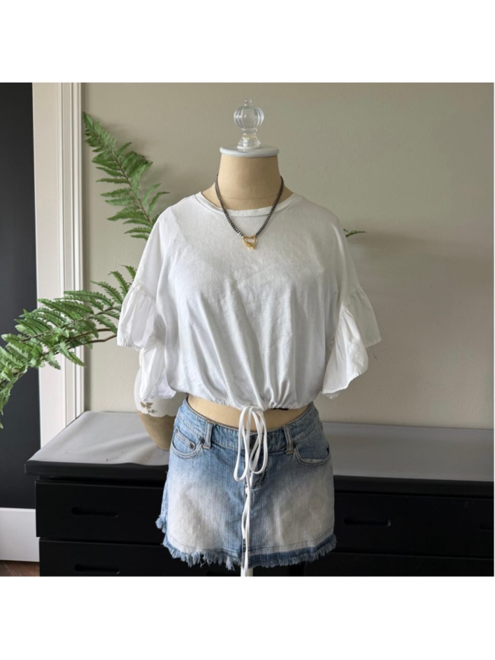 Zara White Cinch Waist Ruffle Sleeve Top Size S